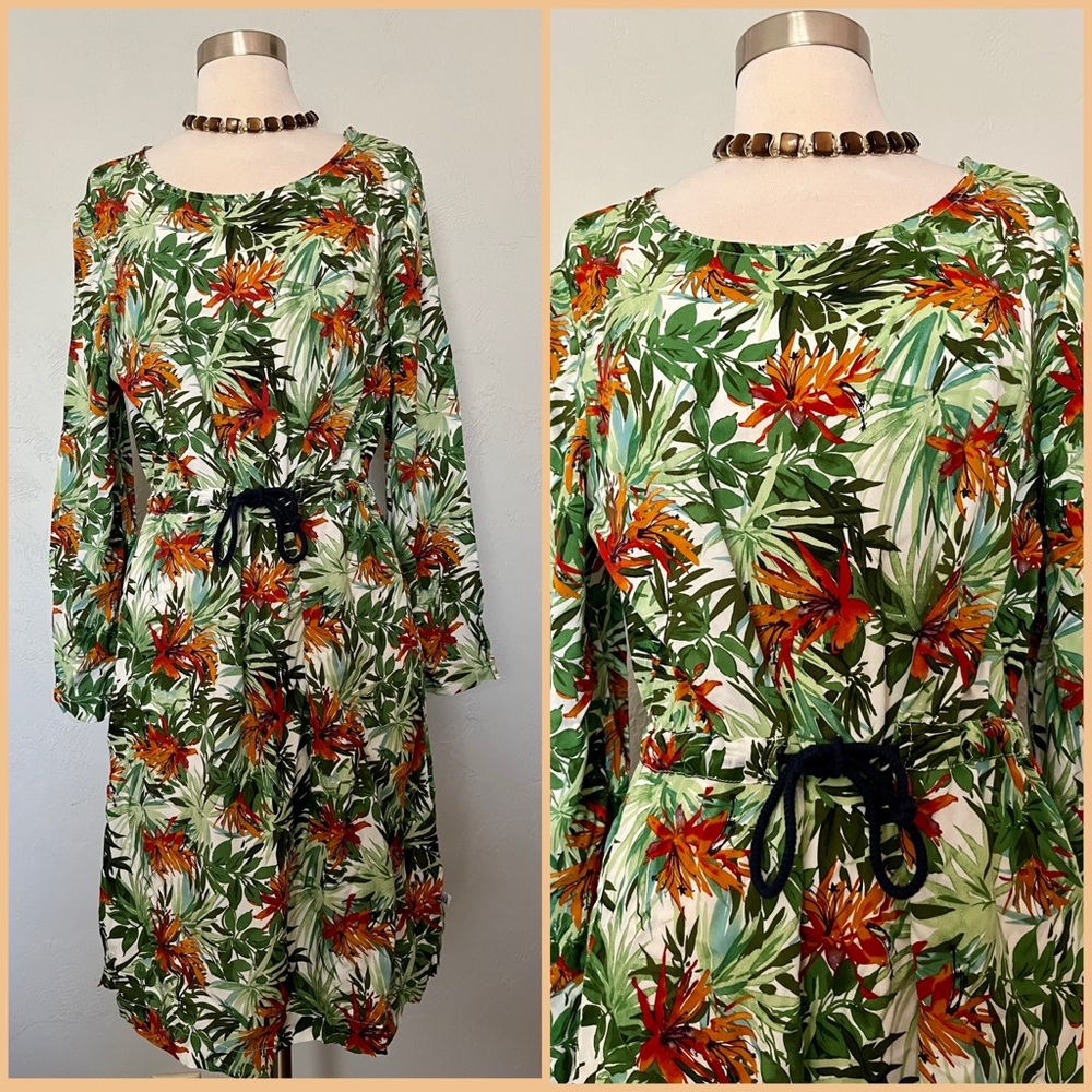Ponant France Green Tropical Floral Dress with Bishop Sleeves Sz M